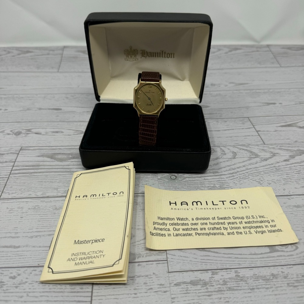 Hamilton Saville Gold Tone Men's‎ Watch Brown Leather VTG 80's 9458 Box